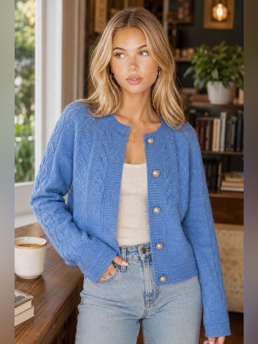 POL Sparkle Chunky Knit Blue Cardigan